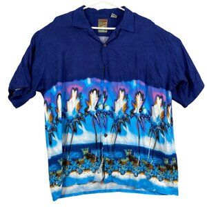 Pineapple Connection Men's Hawaiian Shirt XL Blue with Palm Tree Print Casual
